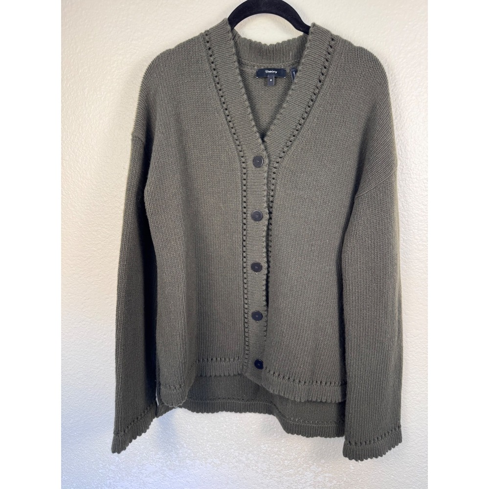 Theory Karenia Cardi Felted Wool Cashmere Olive Green Cardigan Women Size M